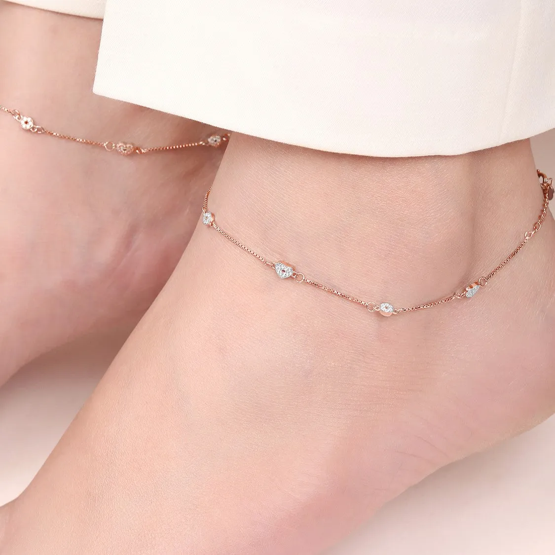 Heartfelt Radiance Rose Gold Plated CZ Sterling Silver Anklet