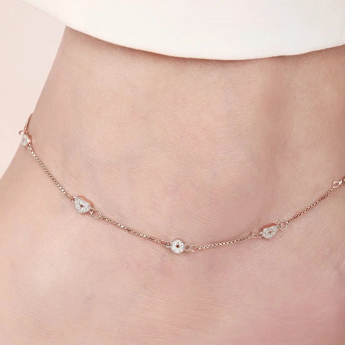 Heartfelt Radiance Rose Gold Plated CZ Sterling Silver Anklet