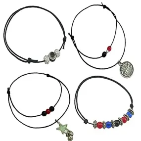 High Trendz Latest Trend 4 Pcs Combo Black Thread Knot With Oxidised Single Charms Adjustable Anklets For Women And Girls (combo -14)