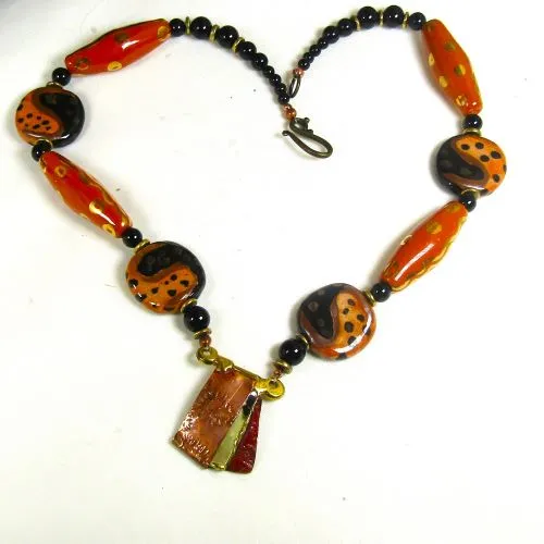 Honey and Black Fair Trade Kazuri and Metalcraft Necklace