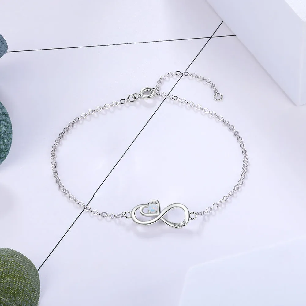 Infinite Symbol Heart Shape with Round Opal Zircon Sterling Silver Bracelet