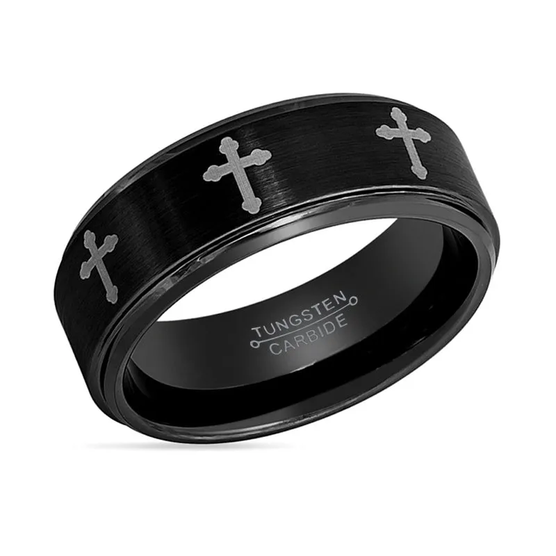 IRONLANCE | Tungsten Ring 8 Laser Engraved Crosses