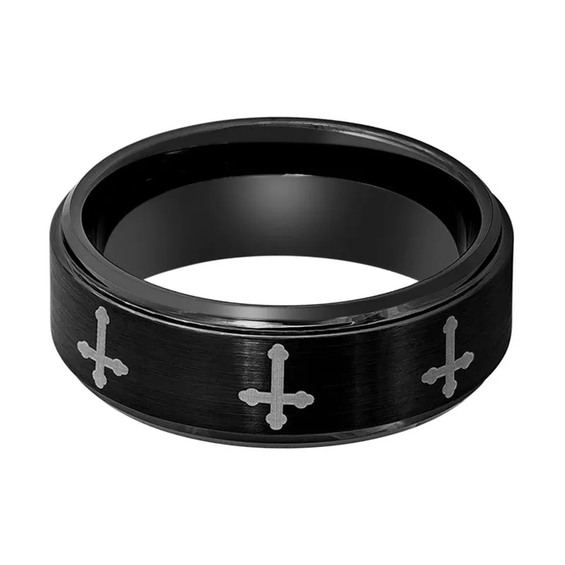 IRONLANCE | Tungsten Ring 8 Laser Engraved Crosses