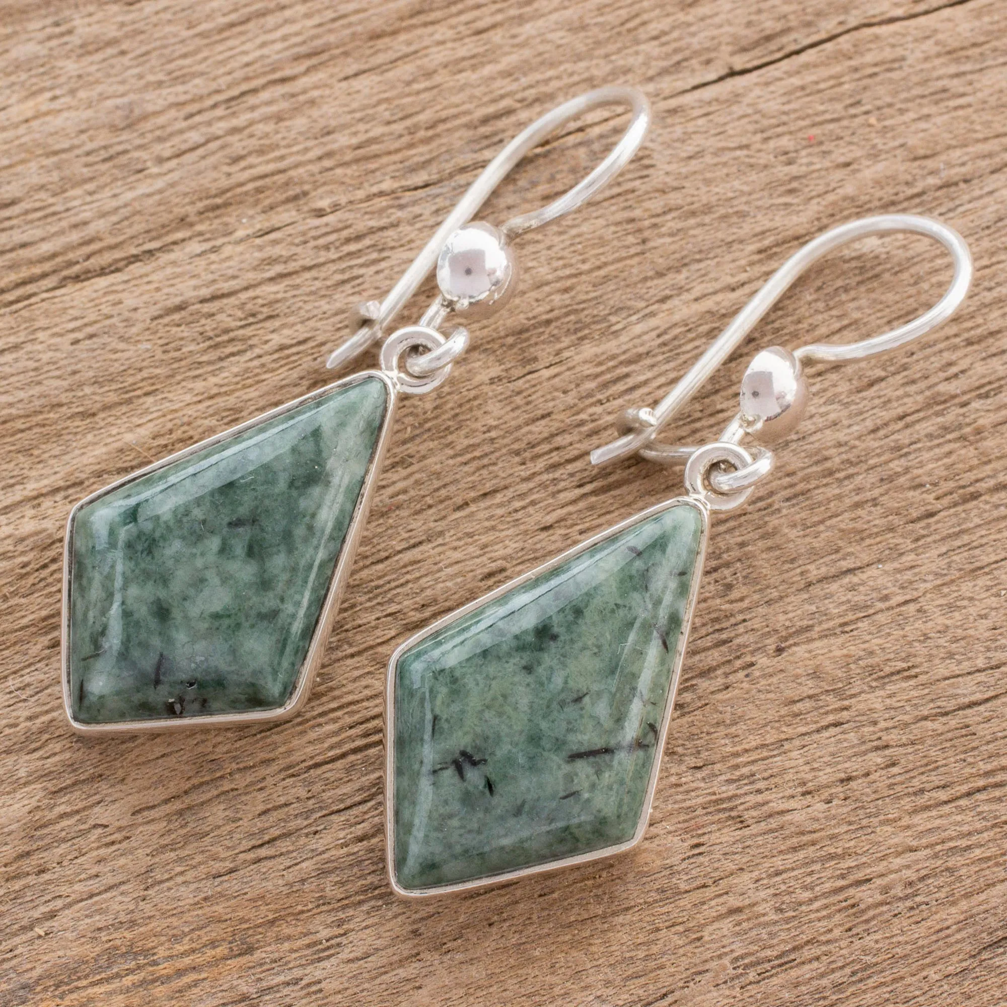 Jade Earrings with Sterling Silver Settings from Guatemala - Jungle Pyramids | NOVICA