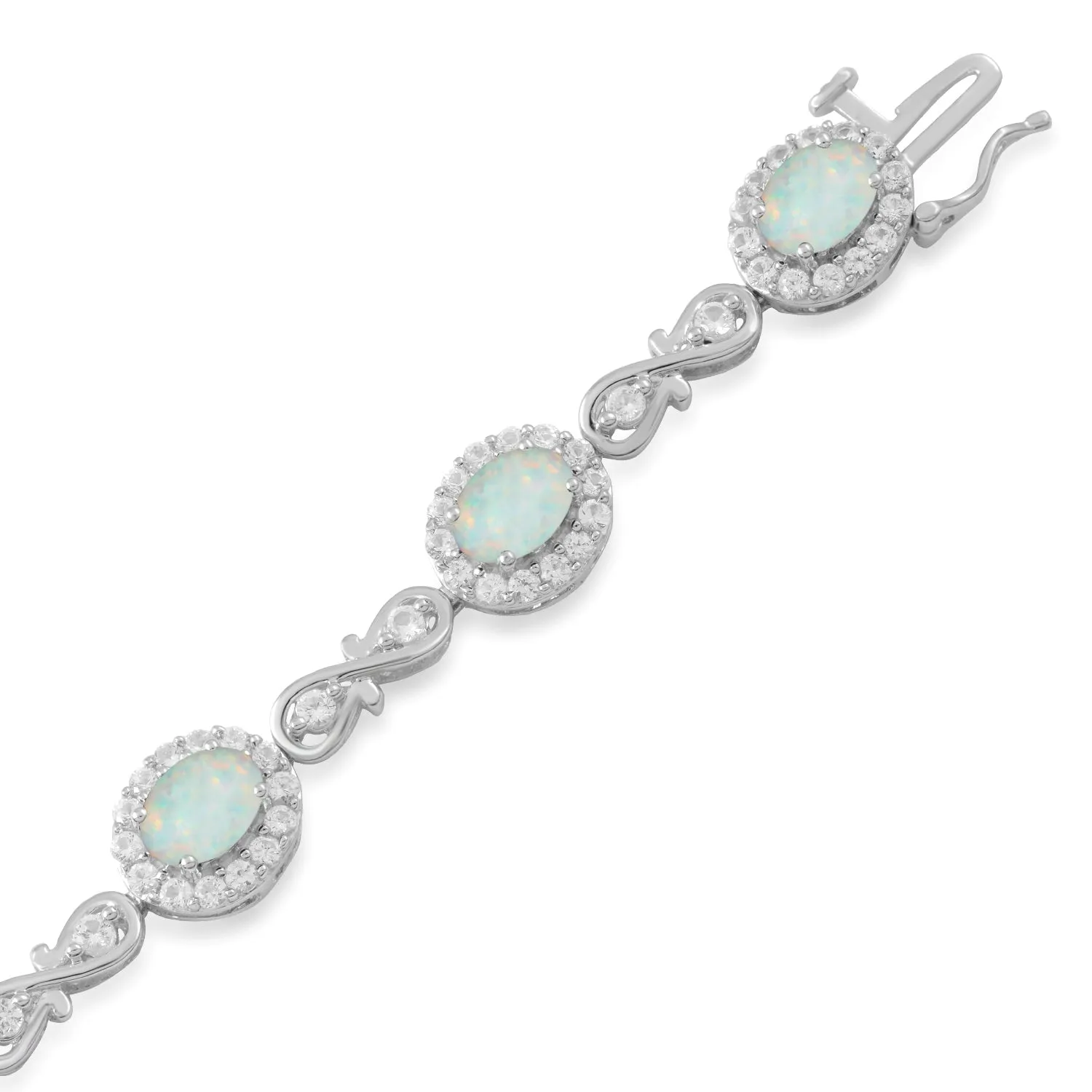 Jewelili Sterling Silver 7 x 5 mm Oval Shape Created Opal and Created White Sapphire Fashion Bracelet, 7.25"