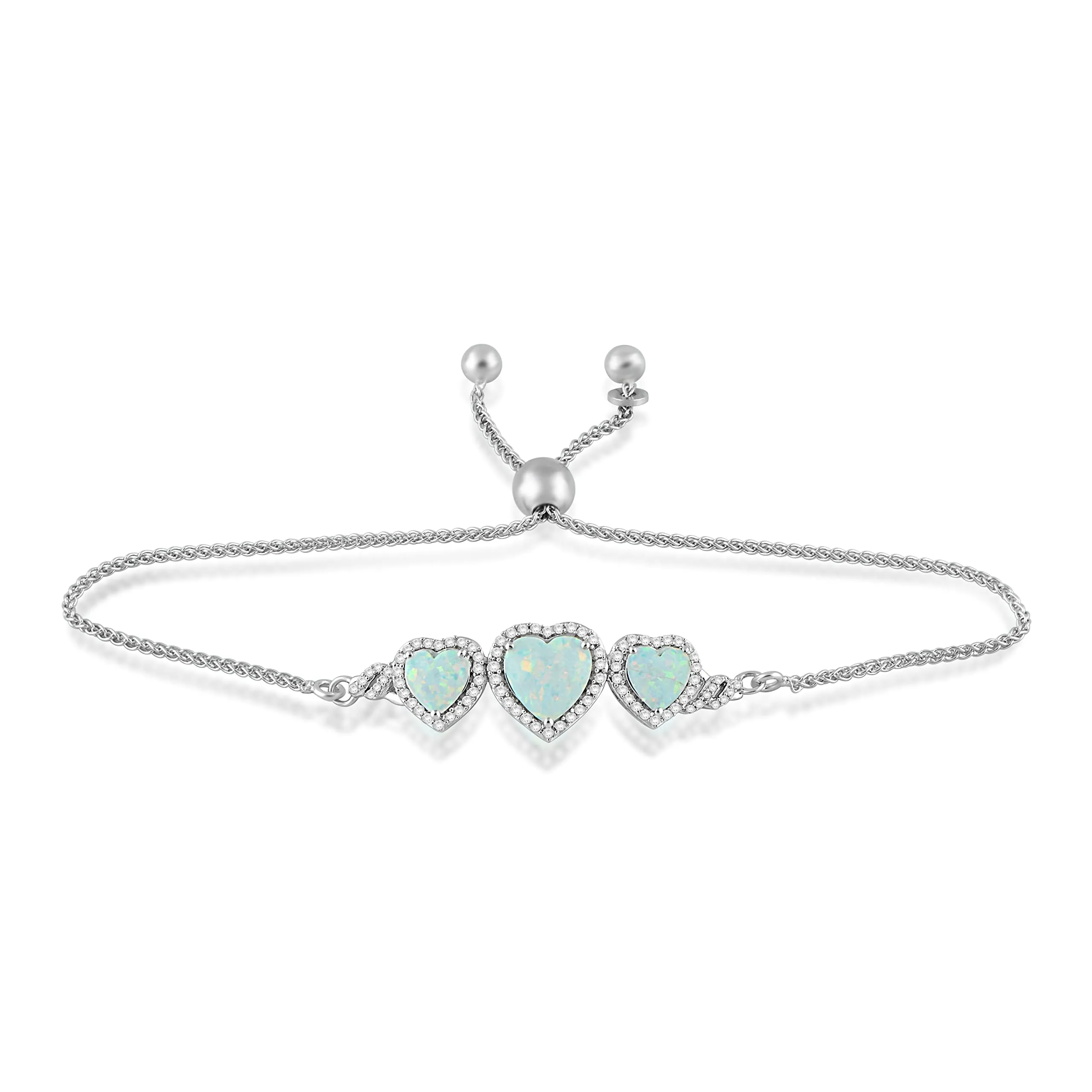 Jewelili Sterling Silver with Created Opal and Created White Sapphire Bolo Bracelet, 9.5"