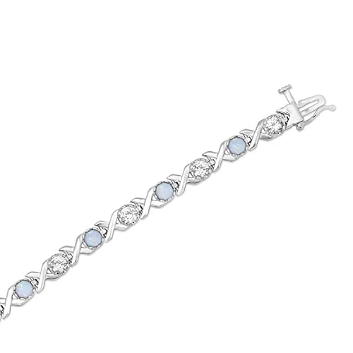 Jewelili Sterling Silver With Created Opal and Created White Sapphire Bracelet, 7.5"