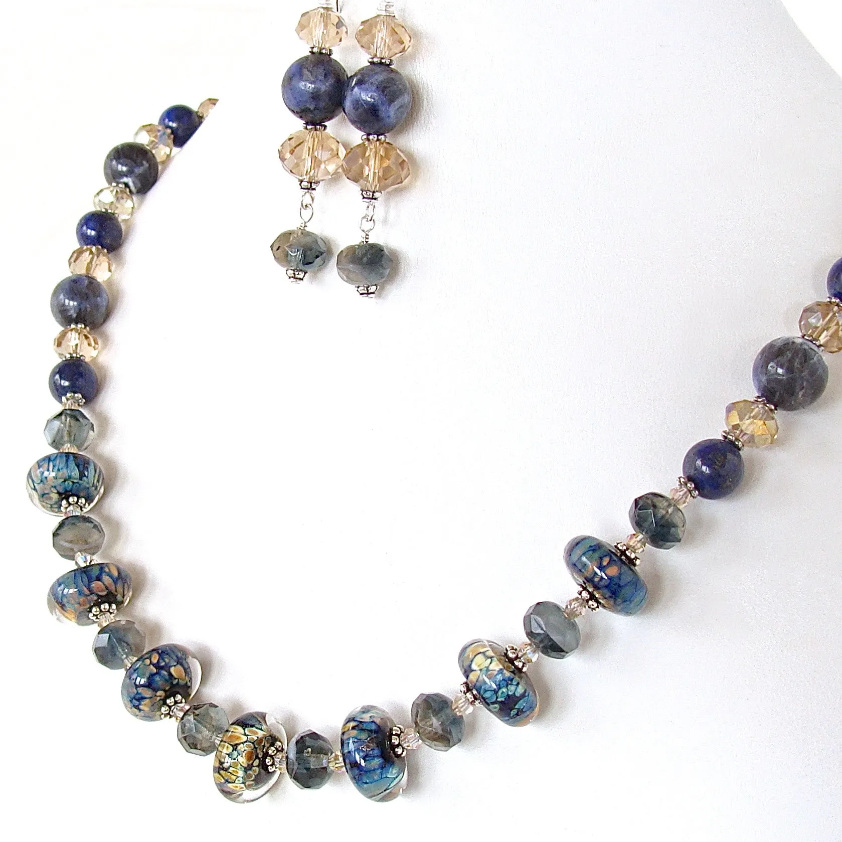 Jordana: Blue Gem Necklace with Art Glass