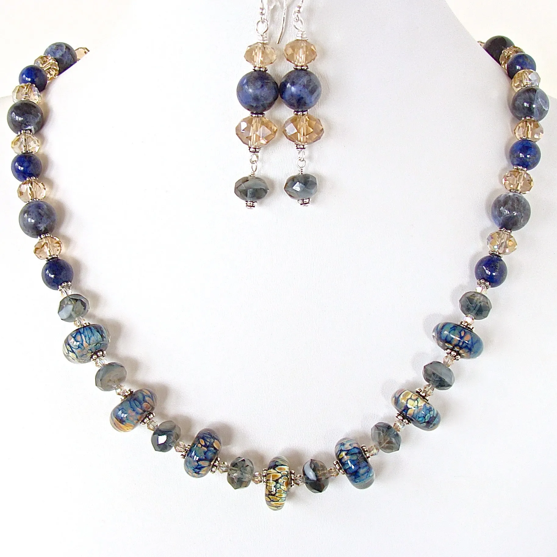 Jordana: Blue Gem Necklace with Art Glass