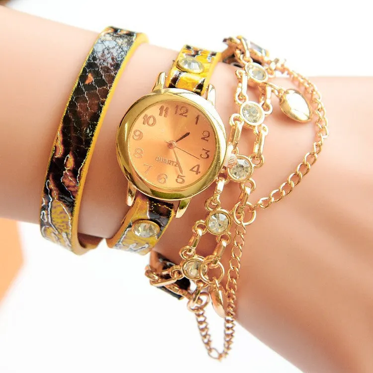 Lady Luxury Leather Chain Wrap Bracelet Watch Women Vintage Quartz Wristwatches