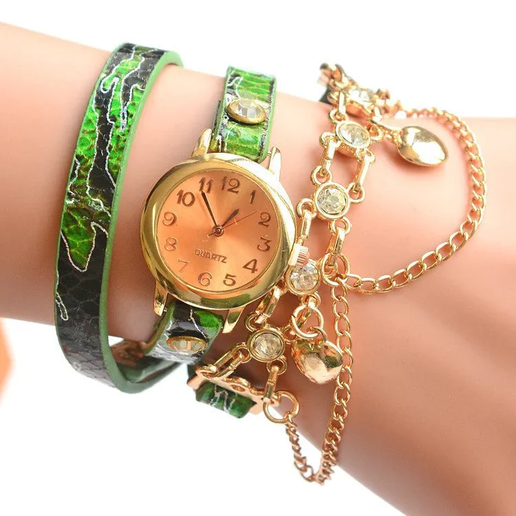 Lady Luxury Leather Chain Wrap Bracelet Watch Women Vintage Quartz Wristwatches