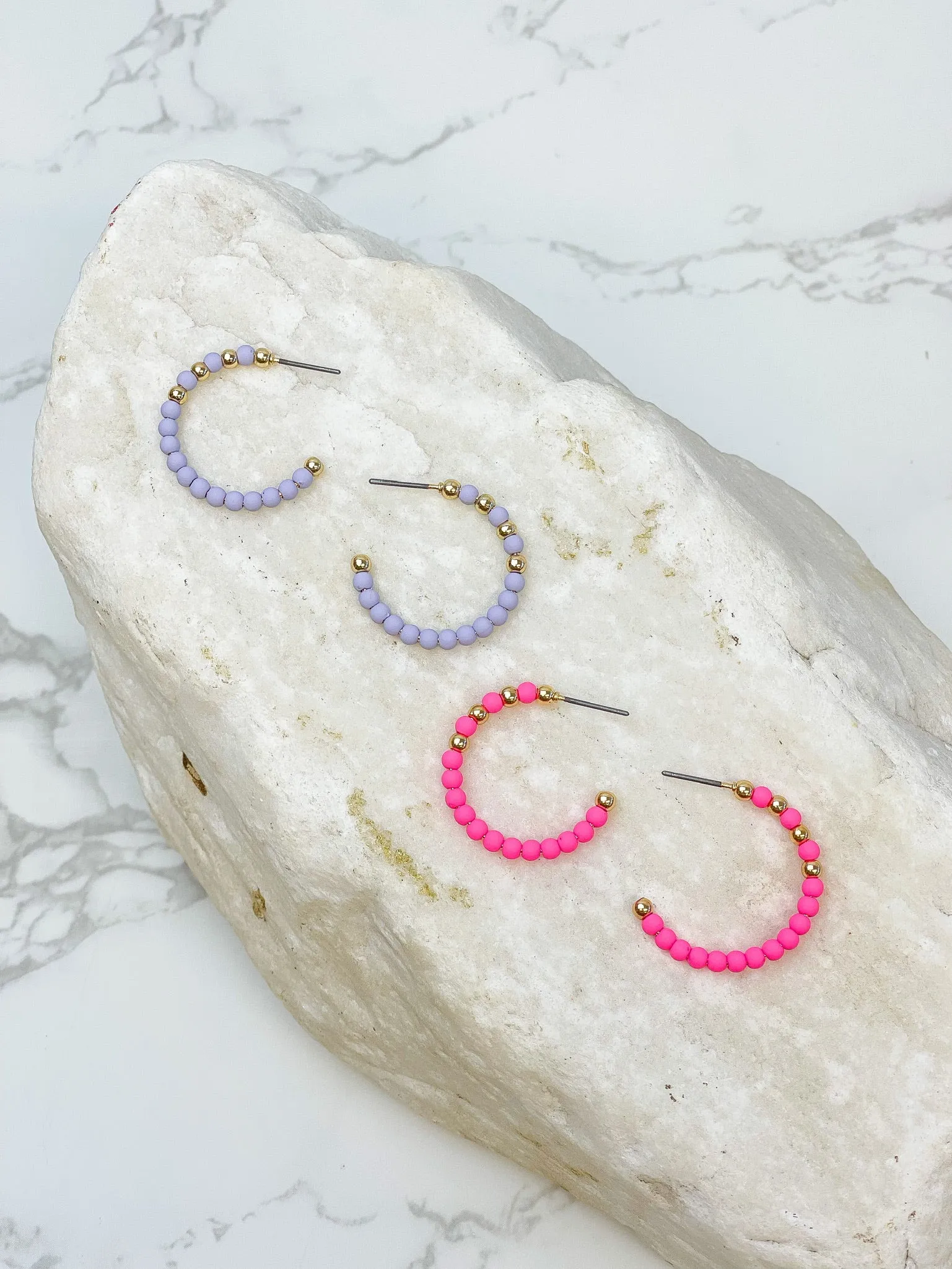 Lavender & Gold Bead Hoop Earrings