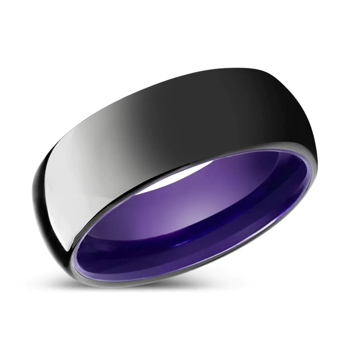 Leonidas Domed Black High Polish Tungsten Ring with Purple Inside - 6mm - 10mm