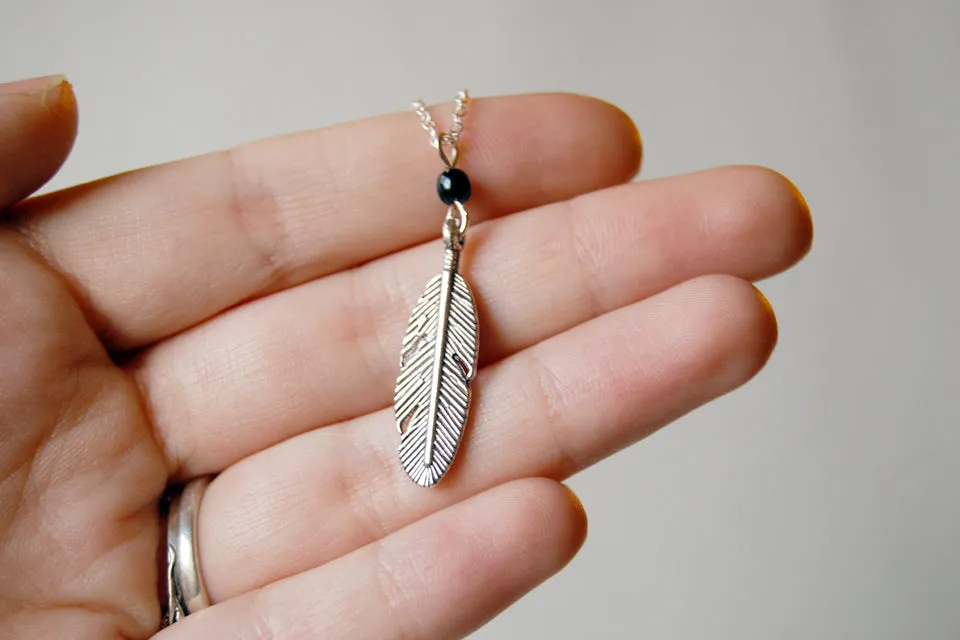 Little Silver Feather Necklace | Woodland Feather Charm Necklace | Feather Jewelry