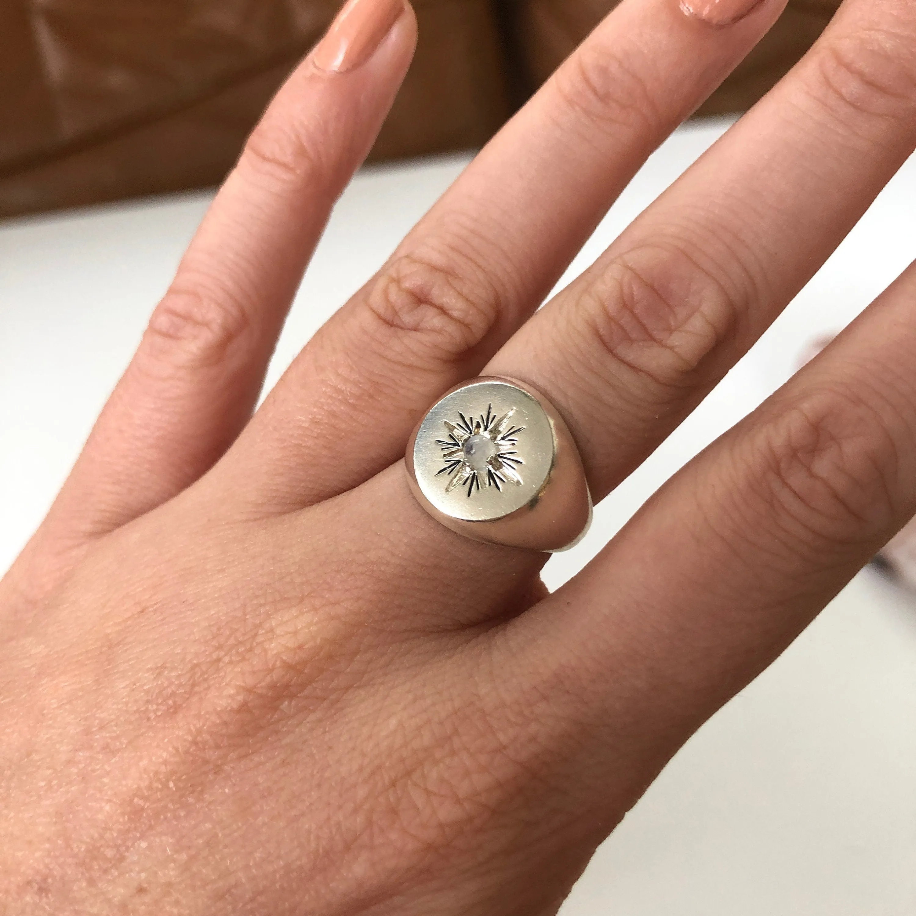 Little Star Signet Sterling Rainbow Moonstone Ring