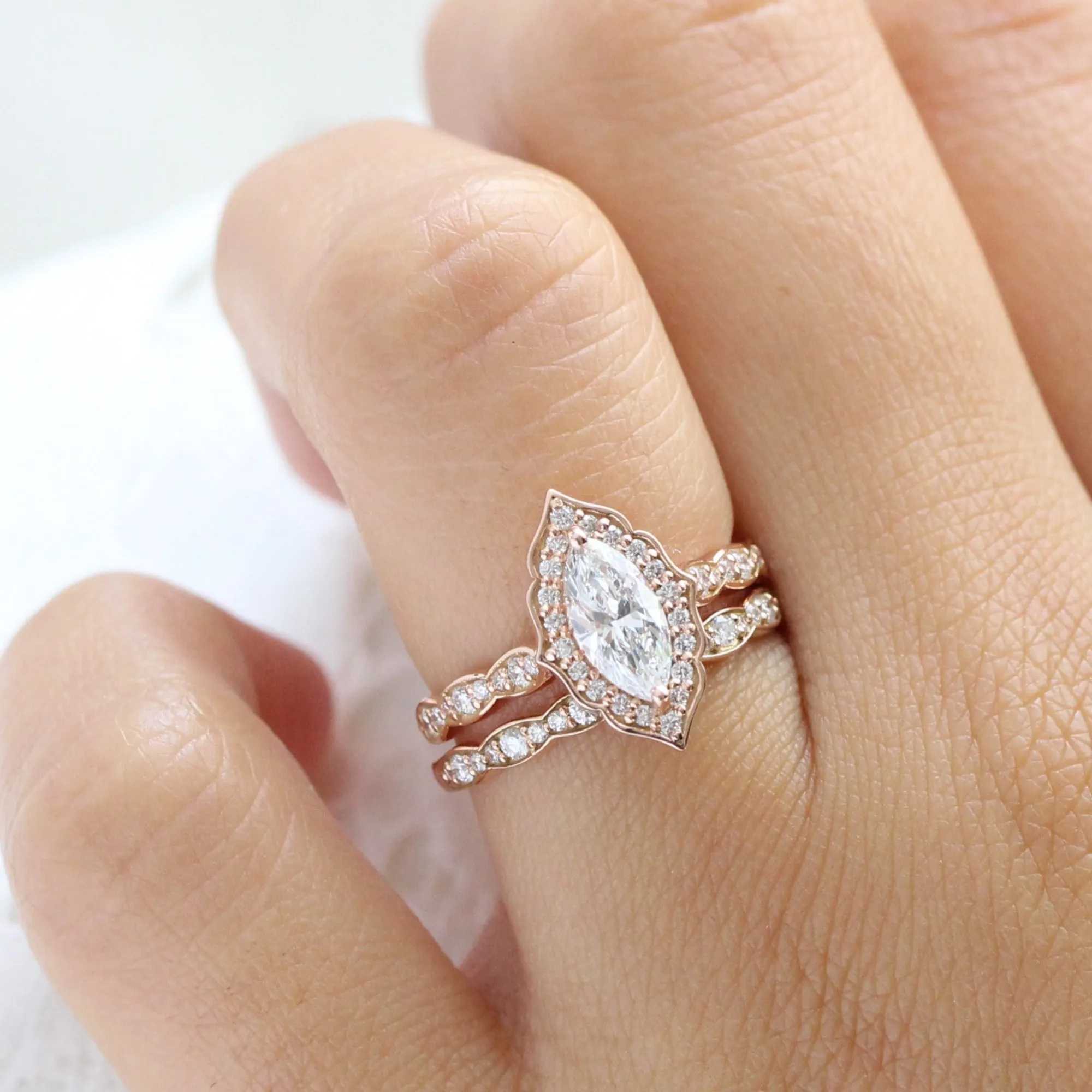 Marquise Diamond Vintage Halo Ring w/ Lab Diamond and Matching Wedding Band