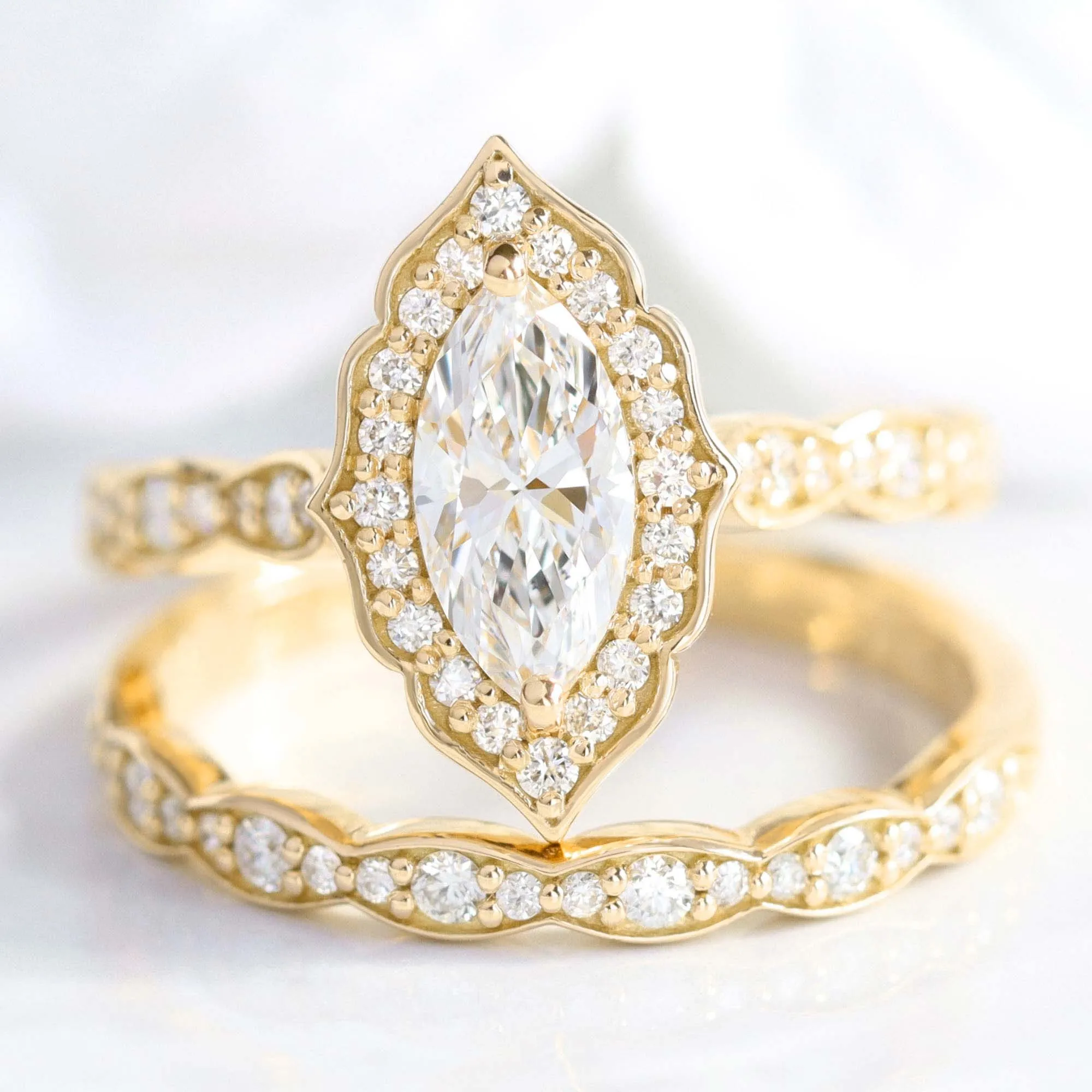 Marquise Diamond Vintage Halo Ring w/ Lab Diamond and Matching Wedding Band