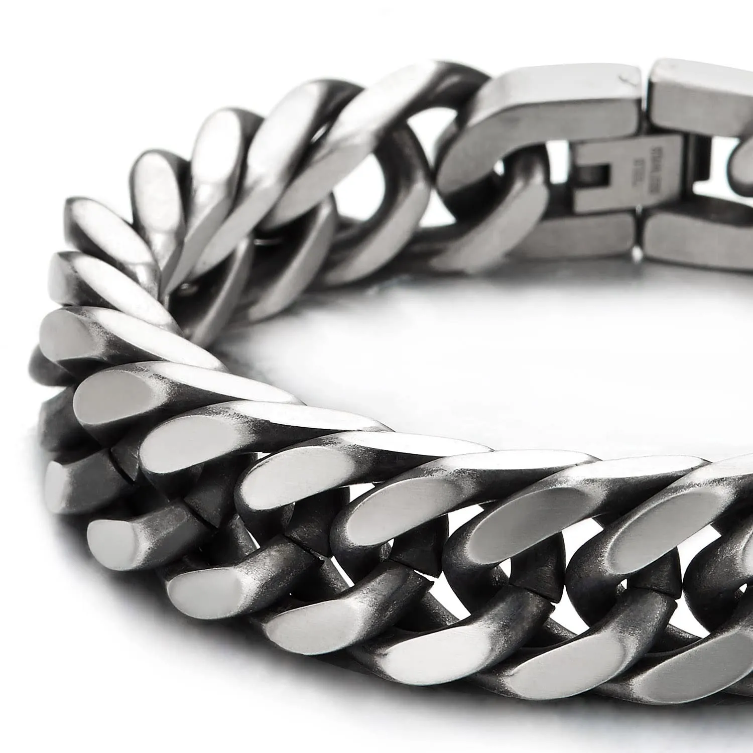 Masculine Mens Stainless Steel Large Curb Chain Bangle Bracelet, Old Metal Finished