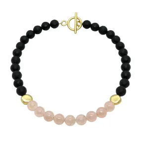 Matte Black Onyx And Rose Quartz Front Accent Necklace With Matte Gold Beads