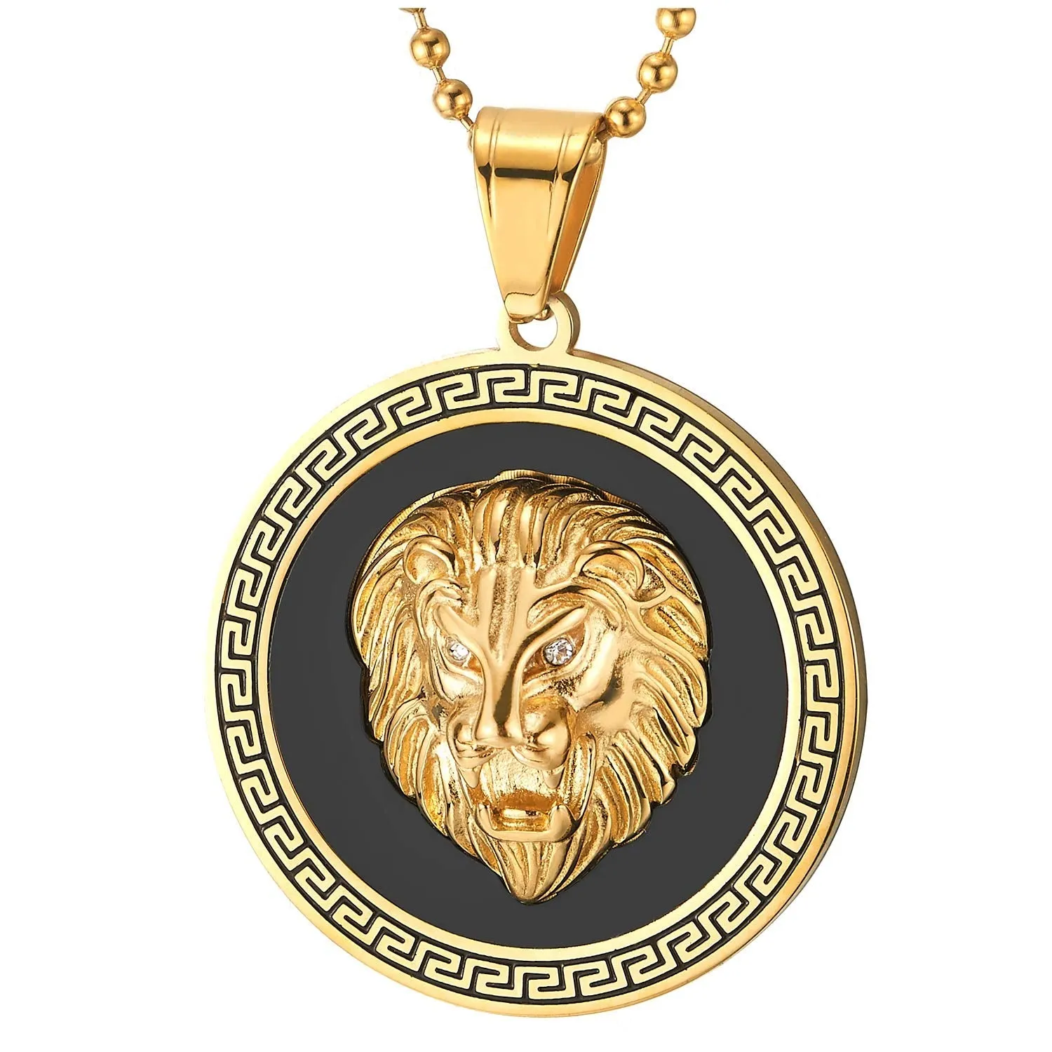 Men Steel Lion Head Circle Medal Pendant Necklace with CZ, Black Onyx, Greek Key, Silver Black