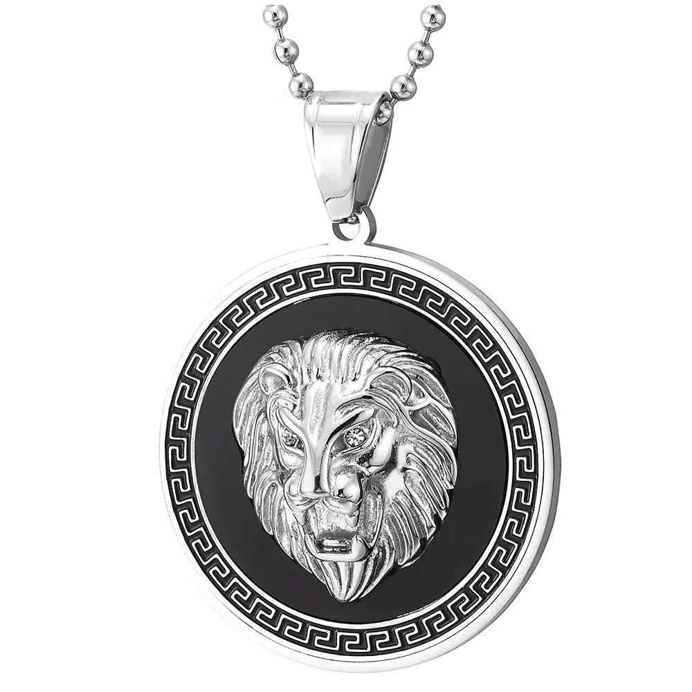 Men Steel Lion Head Circle Medal Pendant Necklace with CZ, Black Onyx, Greek Key, Silver Black