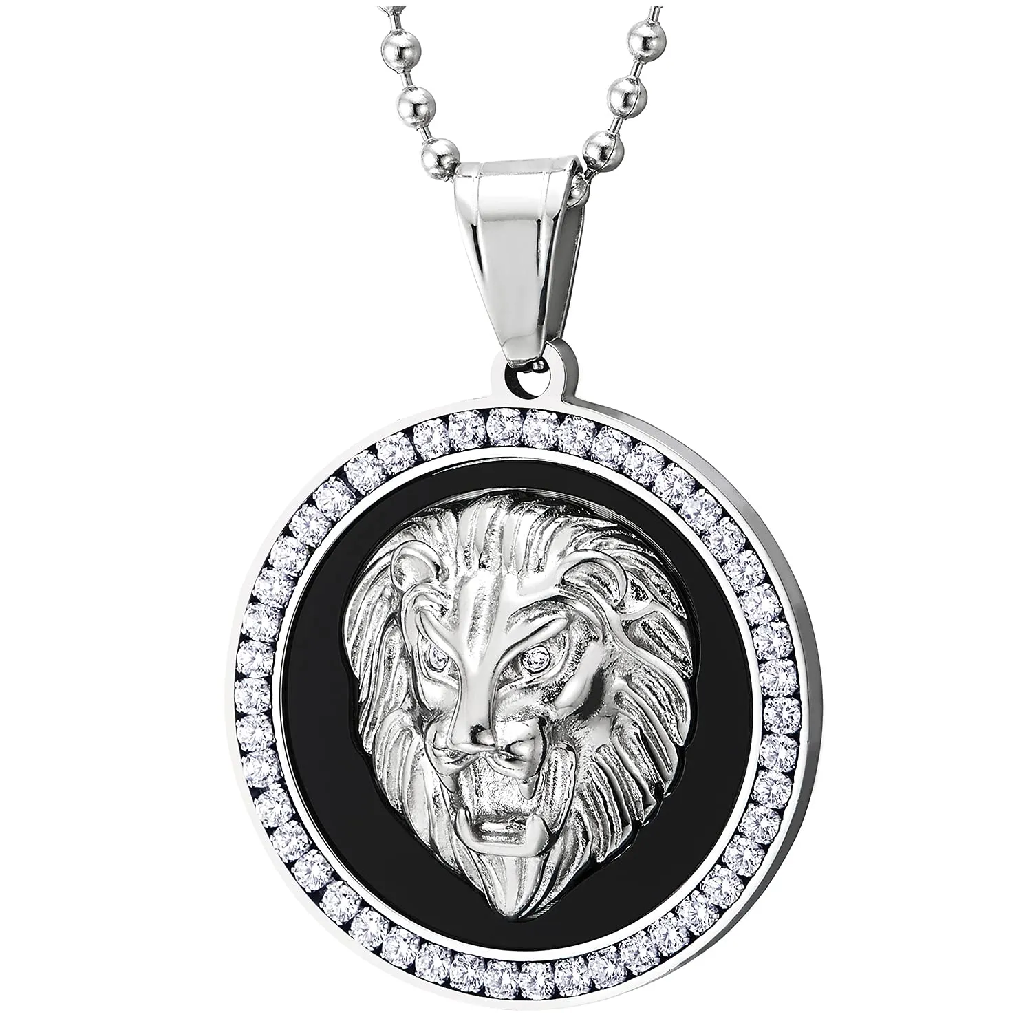 Men Women Steel Embossed Lion Head Circle Medal Pendant Necklace with CZ, Black Onyx, Silver Black