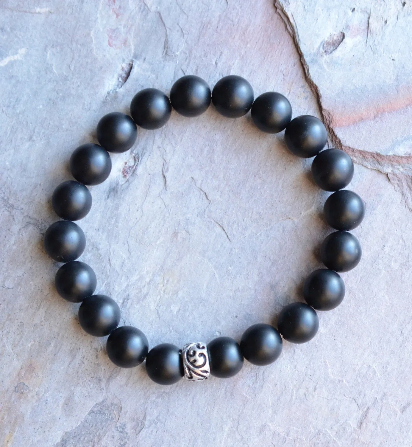 Mens Black Matte Beaded Stretch Stone Bracelet - Thompson