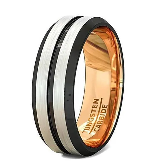 Men's Domed Double Grooved Tungsten Wedding Band With Rose Gold Inlay - 8mm