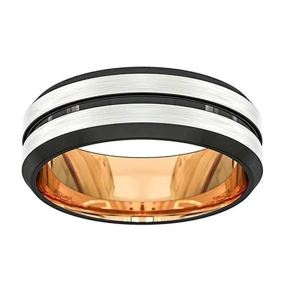 Men's Domed Double Grooved Tungsten Wedding Band With Rose Gold Inlay - 8mm