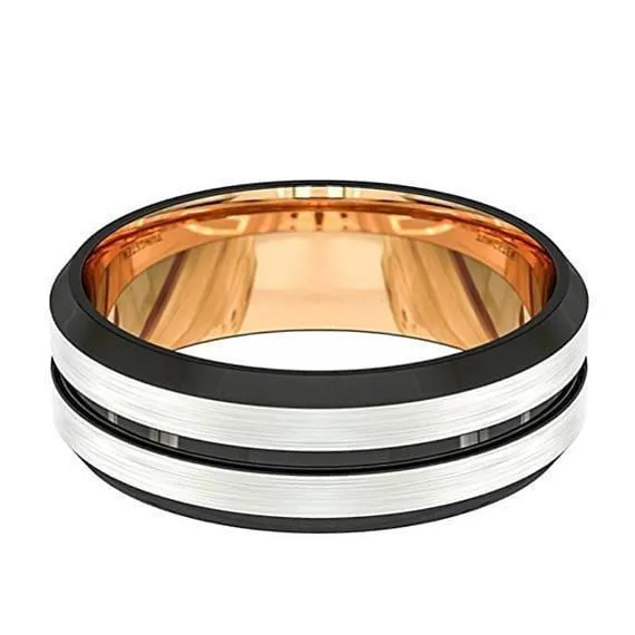 Men's Domed Double Grooved Tungsten Wedding Band With Rose Gold Inlay - 8mm