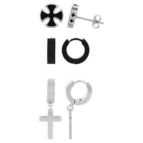 Men's Stainless Steel Cross Stud, Huggie Hoop, and Cross Drop Earrings - Gift Set of 3