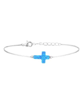 Mocha Sterling Silver Mini Cross Fine Bracelet - Blue