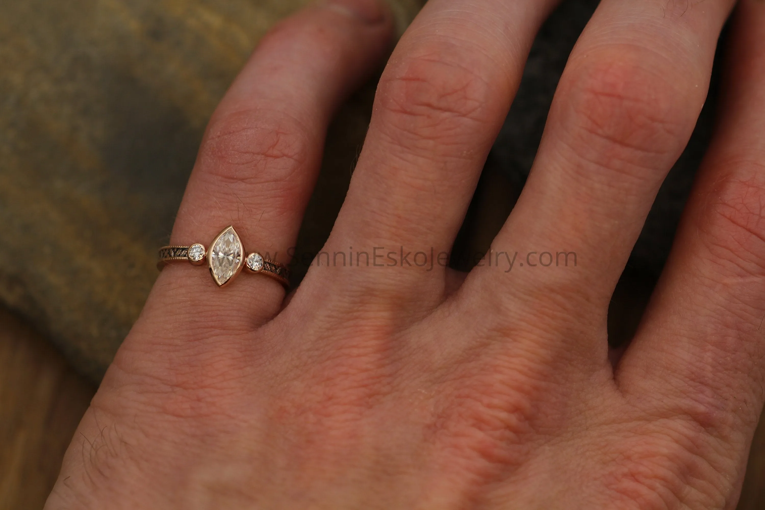 Moissanite Rose Gold Hand Made Vintage Engagement Ring - Marquise Ring