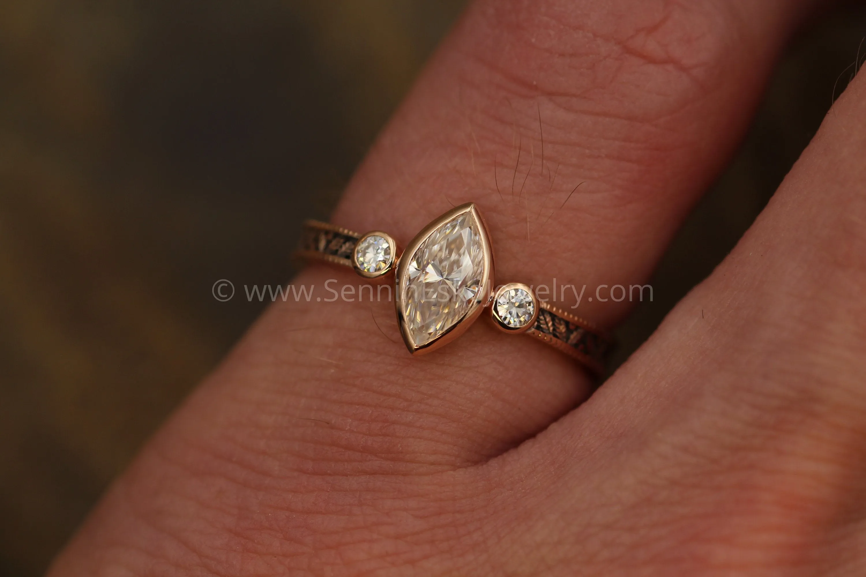 Moissanite Rose Gold Hand Made Vintage Engagement Ring - Marquise Ring