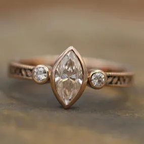 Moissanite Rose Gold Hand Made Vintage Engagement Ring - Marquise Ring