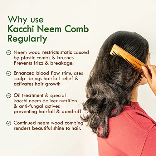 Nat Habit Kacchi Neem Wooden Comb - Soaked In 17 Herbs, Neem & Sesame Oil For Multi-Actions - Detangling, Frizz Control & Shine,Suited For All Hair Types (Dual Tooth)