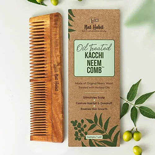 Nat Habit Kacchi Neem Wooden Comb - Soaked In 17 Herbs, Neem & Sesame Oil For Multi-Actions - Detangling, Frizz Control & Shine,Suited For All Hair Types (Dual Tooth)