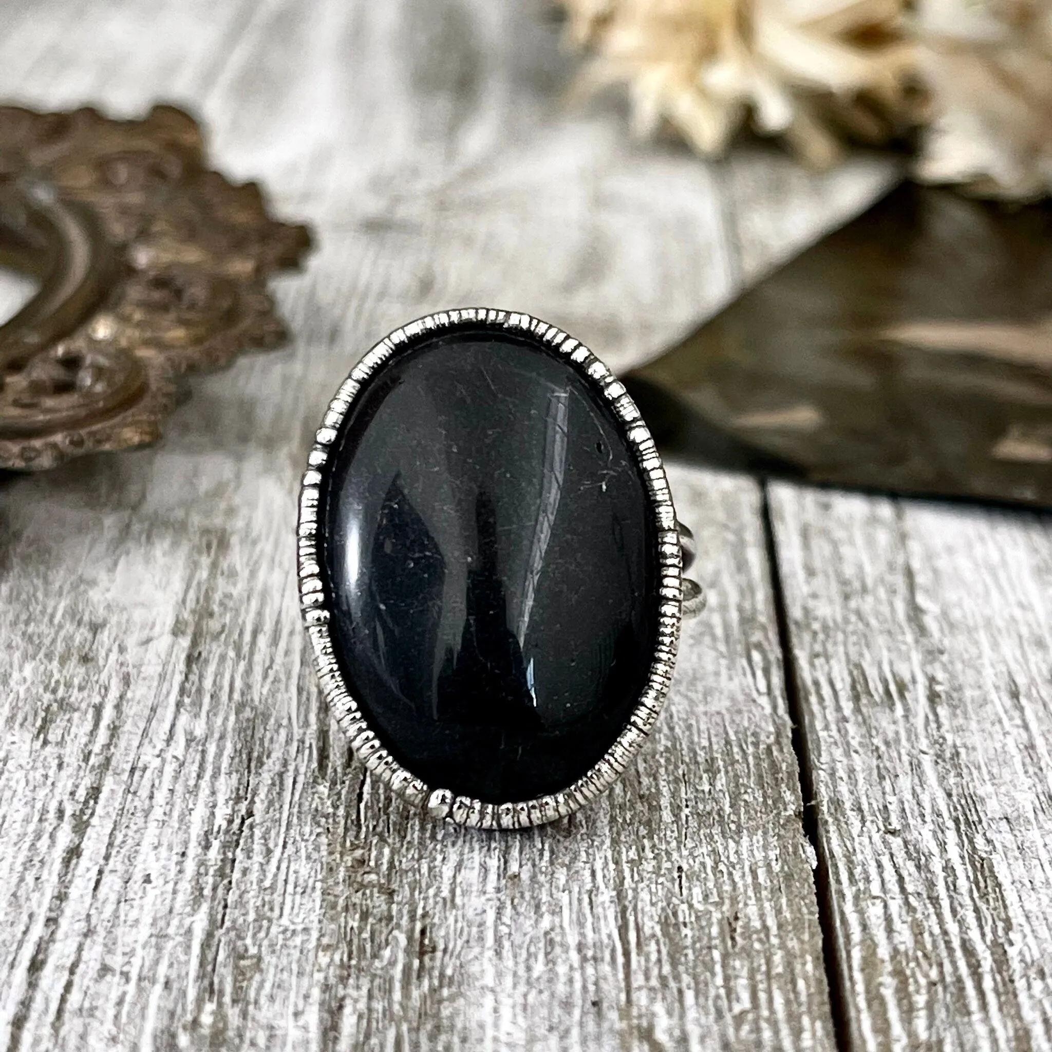 Natural Black Onyx Ring in Fine Silver Size 6 7 /  Large Crystal Ring  - Black Stone Ring - Silver Crystal Ring - Bohemian Jewelry