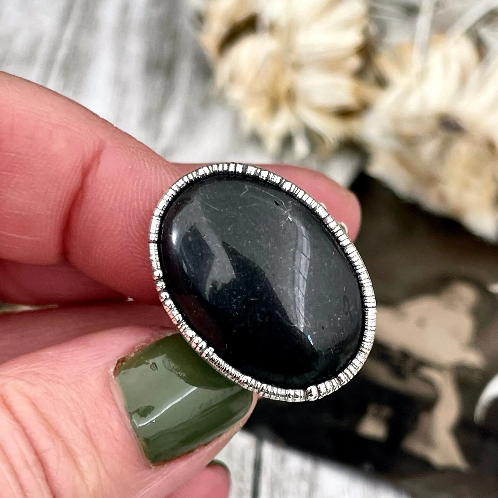 Natural Black Onyx Ring in Fine Silver Size 6 7 /  Large Crystal Ring  - Black Stone Ring - Silver Crystal Ring - Bohemian Jewelry