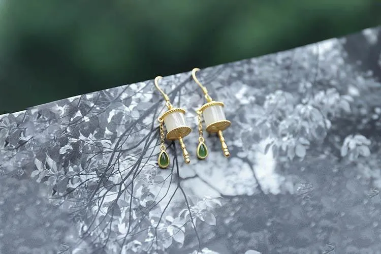 Natural Inlaid Hetian White Green Jade Chime Earrings