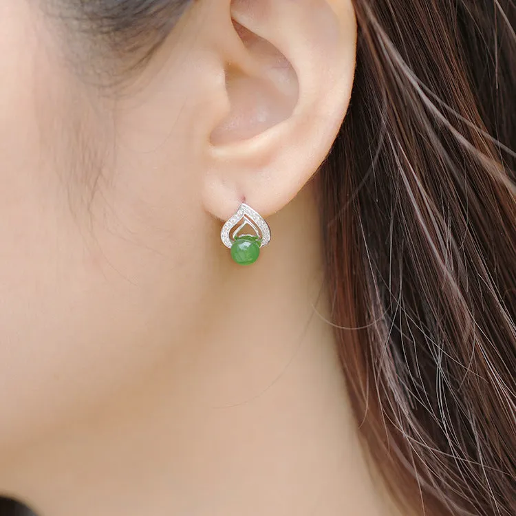 Natural Jade Earrings Nephrite Silver Zircon Earrings ZEG561