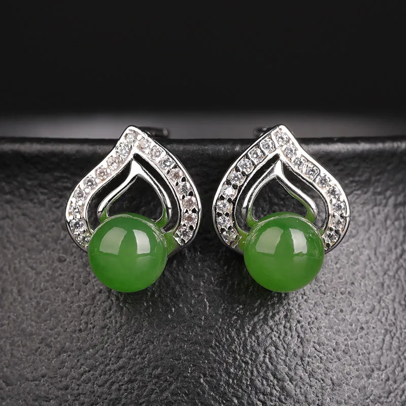 Natural Jade Earrings Nephrite Silver Zircon Earrings ZEG561