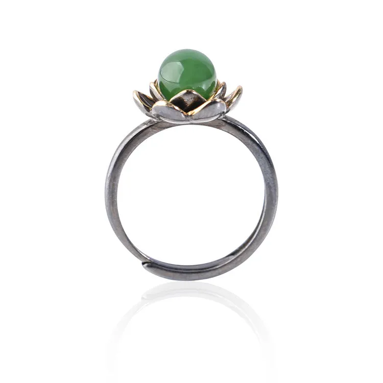 Natural Jade Ring Nephrite Silver Adjustable Ring ZNRG109