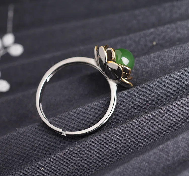 Natural Jade Ring Nephrite Silver Adjustable Ring ZNRG109