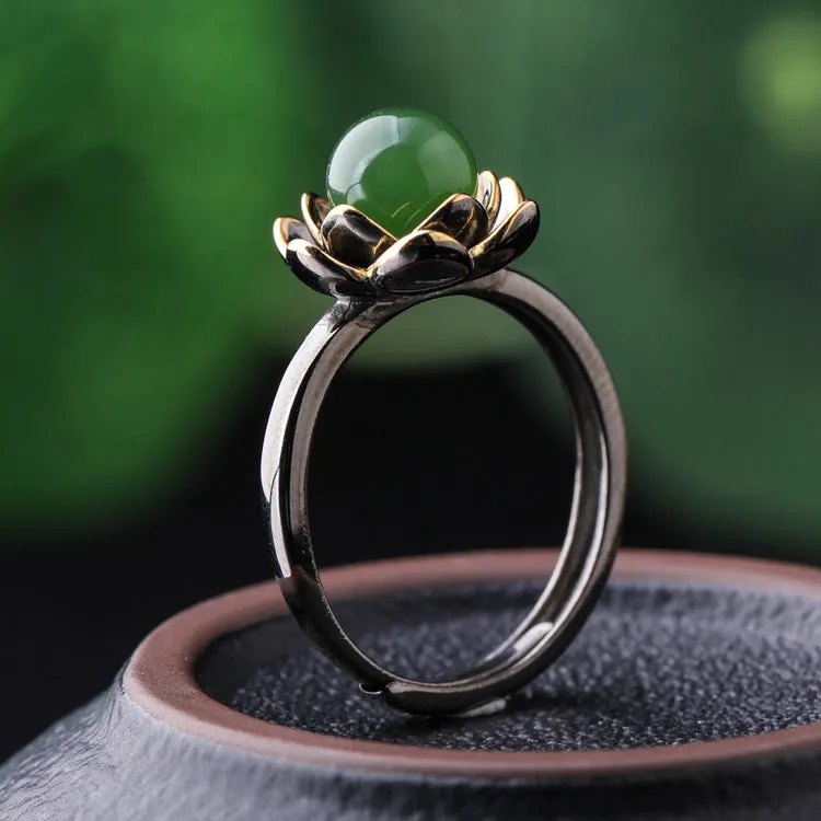 Natural Jade Ring Nephrite Silver Adjustable Ring ZNRG109