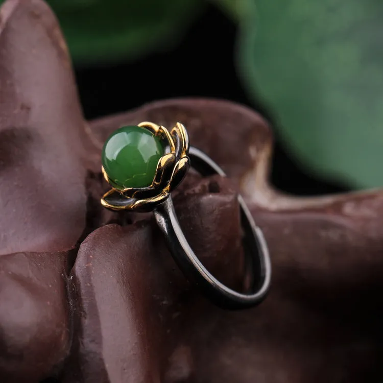 Natural Jade Ring Nephrite Silver Adjustable Ring ZNRG109