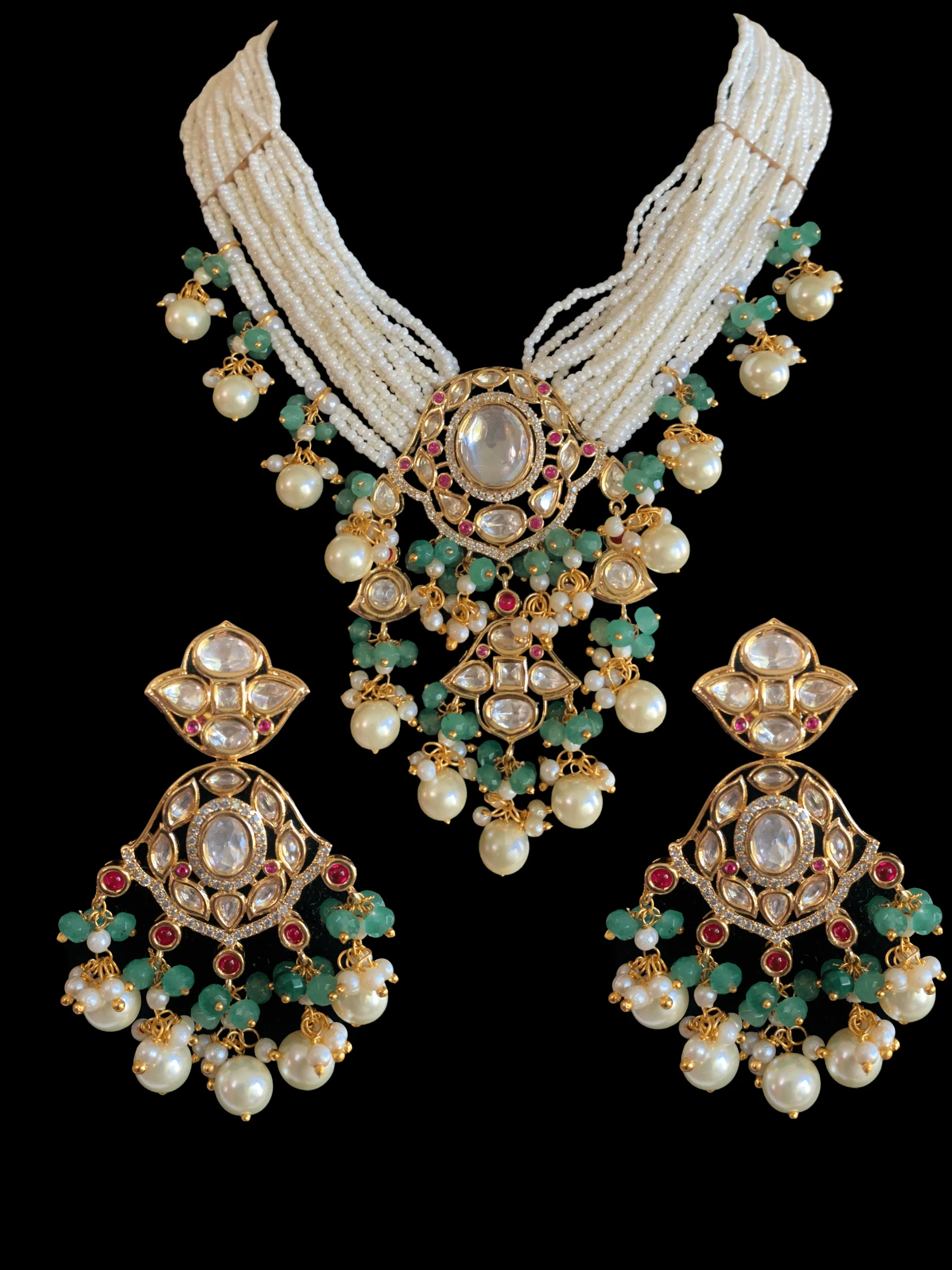 NS241 Reema high quality polki necklace set - green ( READY TO SHIP)