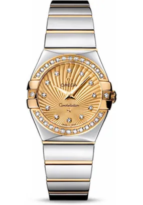 Omega Ladies Constellation Polished Quartz Watch - 27 mm Polished Steel And Yellow Gold Case - Diamond Bezel - Champagne Diamond Dial - Steel And Yellow Gold Bracelet - 123.25.27.60.58.002