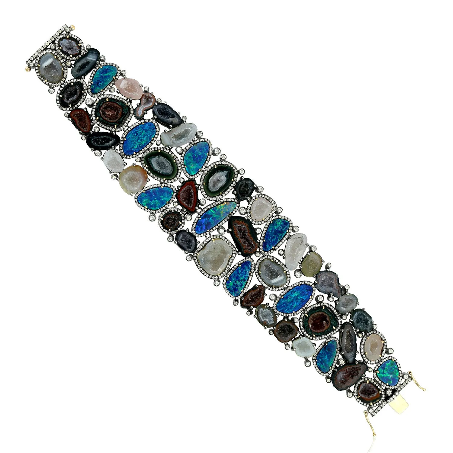 Opal Doublet Uneven Geode Micro Pave Diamond 18K Yellow Gold Silver Designer Bracelet