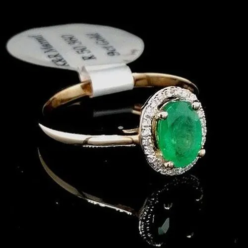 Oval Emerald & Diamond Halo Style Gold Ring